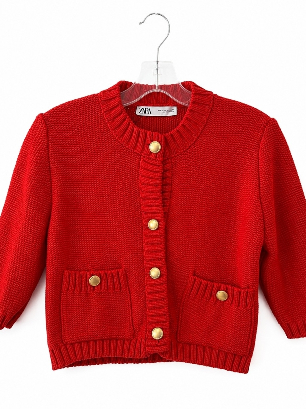 Zara Red Cropped Cardigan with Gold Buttons Preppy Classic - Picture 2 of 7